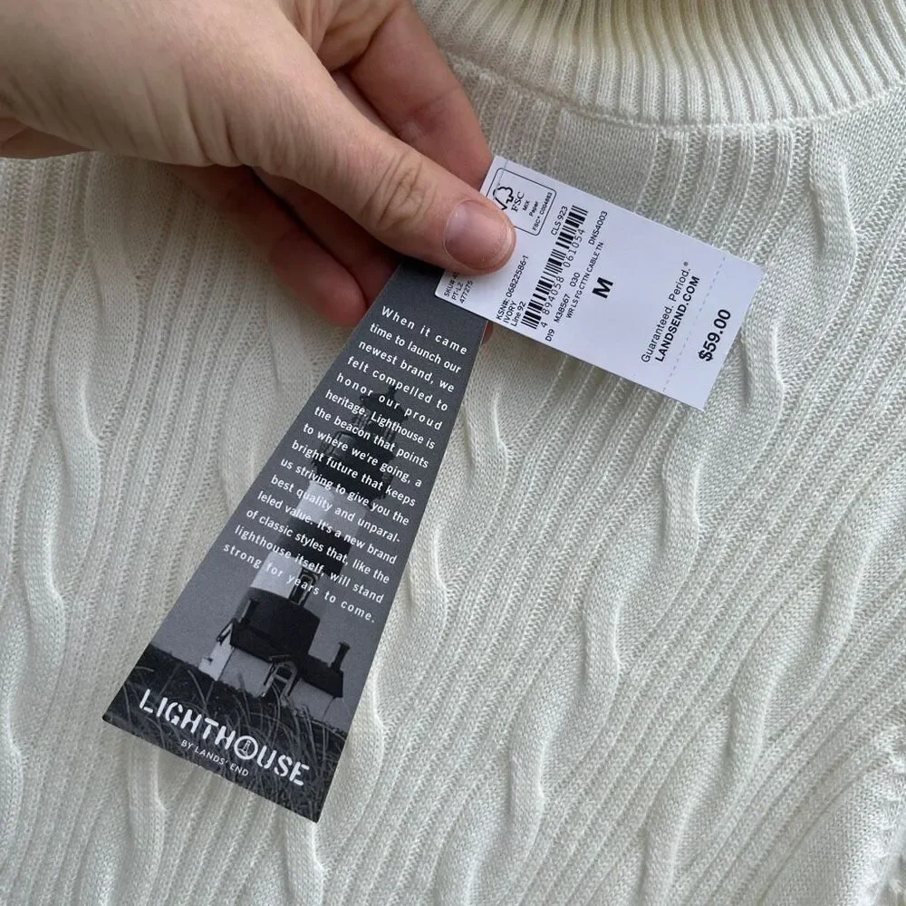 Lands’ End Lighthouse Ivory Cotton Cable Knit Turtleneck Sweater NWT M